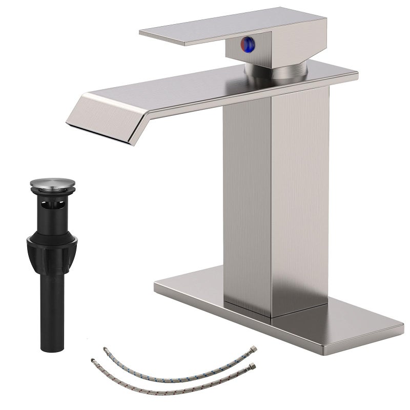 BATHLAVISH Waterfall Bathroom Sink Faucet, Brushed Nickel Single Hole Bathroom Faucet, Single Handle Modern Lavatory Vanity RV with Pop Up Drain with Overflow - Image 1